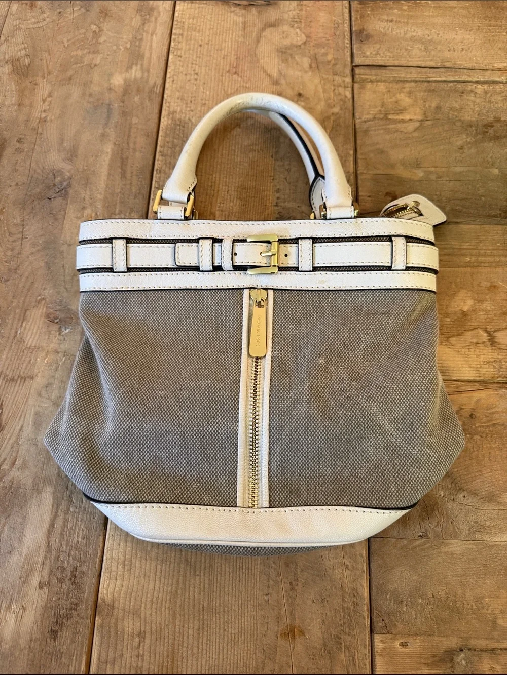 Michael Kors Beige Canvas Shoulder Bag with White Leather Trim